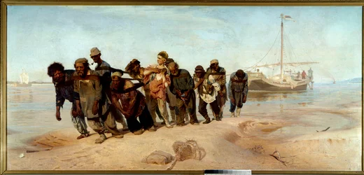 Przewoźnicy z Wołgi Grupa mężczyzn (ciągników) wyciąga łódź z wody w Rosji - Obraz Ilia (Ilya) Repine (1844-1930), olej na płótnie