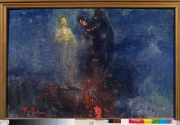 Odejdź, szatanie! (Jezus Chrystus odpiera diabła w nocnym krajobrazie). Obraz Ilji Repina (Ilia Repine) (1844-1930), olej na płótnie, po 1850 roku. Sztuka rosyjska