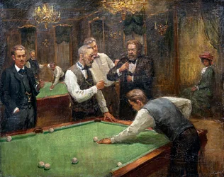 Bilard Players par Galkin, Ilya Savvich (Ilia Sawic Galkin) (1860-1915), - Olej na płótnie, 61x76,5 - Kolekcja prywatna