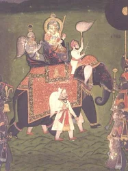 AS10 Album 43 nr 4515 Rana Jawan Singh (1828-38) z Mewar jeździ na słoniu w kaparisonie, ok. 1835 (nieprzezroczysta akwarela)
