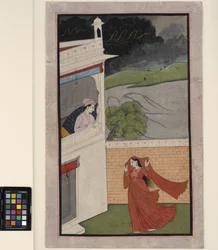 Pani przychodzi do domu kochanka podczas ulewy, ok. 1830 r. (nieprzezroczyste w/c i złoto na papierze)