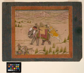 Lew atakuje grupę myśliwską na słoniu, ok. 1810 (nieprzezroczysta akwarela i złoto na papierze)