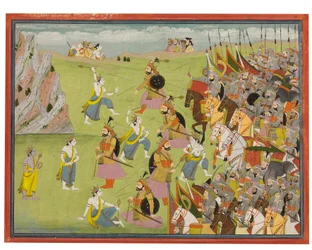 Obraz z Mahabharaty: Balabhadra walczący z Jarasandhą, Kangrą lub Garhwalem, ok. 1810-20
