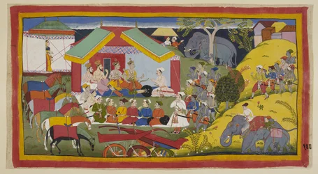 Dodaj 15296 (1) f.100r, Bharata i jego zwolennicy dotarli do stolicy Królestwa Nishada. W swoim obozowisku na brzegu Gangau Bharata, jego brat i ministrowie siedzą w durbar przed swoim namiotem. Guha Nishadaking pochodzi z