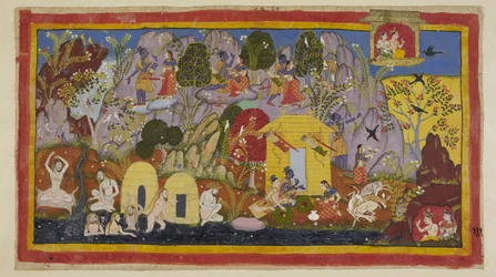 Dodaj 15296 (1) f.111r, Tymczasem wszystko jest w pokoju z wygnańcami w ich siedzibie na górze Citrakuta. Rama zwraca uwagę na jej piękno Sita - wiele odmian pięknych drzew i ptaków, skały pokolorowane klejnotami i minerałami oraz rzeka Mandakina w