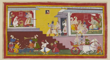 Dodaj 15296 (1) f.14r, Po prawej Daśaratha ponownie mówi Ramie, że uczyni go królem, z Vasistha, Laksmana, innym braminem i ministrami w obecności. Rama i Laksmana zostawiają króla, aby wezwać Kausalja po lewej, który ubrany na biało jest