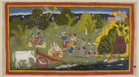 Dodaj 15296 (1) f.63r, Towarzysze dotarli do rzeki Ganga w Srngaverapura Rama i Sita siedzą na macie ze słomy pod drzewem, które ma być drzewem Ingudi, podczas gdy Laksmana i Sumantra siedzą podobnie naprzeciwko nich. Konie zostały unhar