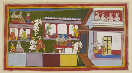 Dodaj 15296 (1) f.85r, Książęta w swoich rydwanach przejeżdżają główną ulicą Ayodhya, zastanawiając się nad zmianą miasta, odkąd je opuścili, a następnie wchodzą do pałacu pytającymi gestami. W górnym pokoju zbierają się bramin i trzech ministrów