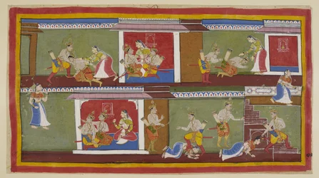 Dodaj 15296 (1) f.89r, U góry po prawej Bharata i Shatrughna witają Kajkeji, która bierze ich na kolana i rozmawiają o ostatnich wydarzeniach. Bharata omdleje, gdy dowiaduje się o śmierci ojca i o tym, co zrobiła jego matka, aby go zabezpieczyć