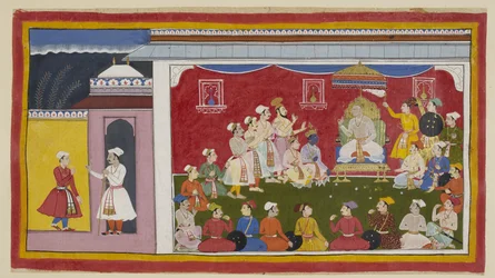 Dodaj 15296 (1) f.8r, Daśaratha siedzi na swoim tronie w pełnym durbarze, a Rama i Laksmana klęczą obok niego, podczas gdy posłaniec wysłany przez Bharatę z dworu jego dziadka opowiada królowi Sitae, jak pilnie studiują jego dwaj synowie. Pierścień c