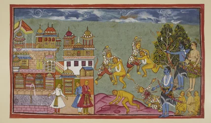 Dodaj 15296 (2) f.18r, Na zewnątrz pałacu Sugriva i Bali wściekle biją się nawzajem pięściami i gwoździami, a następnie wyrywają drzewa i skały, ale Bali jest silniejszy i powoli Sugriva jest zmuszony ustąpić pola. Kiedy Rama widzi, że Sugriva przegrywa,