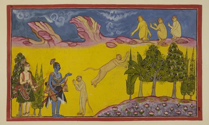 Dodaj 15296 (2) f.3r, Sugriva jest początkowo przerażony, myśląc, że ci uzbrojeni wojownicy zostali wysłani przez jego uzurpatora Bali, aby go zniszczyć. Wysyła swojego roztropnego ministra Hanumana, aby dowiedział się więcej o dwóch nieznajomych. Hanuman