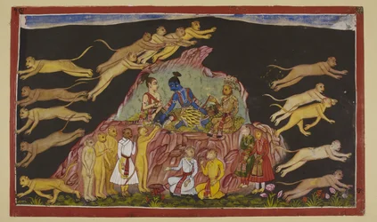 Add 15296 (2) f.49r, Rama, Laksmana i Sugriwa siedzą na skalistym wzniesieniu. Sugriwa dzieli swoje ogromne siły na cztery części i wysyła je na poszukiwanie Sity w czterech kierunkach świata. Każdemu dowódcy oddziału opisuje teren, który napotkają