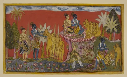 Dodaj 15296 (2) f.5r, Hanuman sprowadza teraz Ramę i Laksmanę do Sugrivy na górze. Rama i Sugriva ściskają dłonie na znak przysięgi przyjaźni, obserwowani przez Laksmanę i inne małpy; a potem, w podobnym duchu, obaj idą
