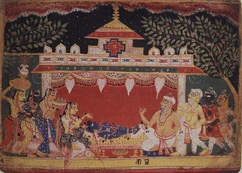 Adoracja małego Kryszny z rozproszonej „Bhagavita Purana”, Mewar, Radżastan