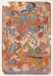 Bohaterski wyczyn Ardżuny w bitwie, z serii Mahabharata, ok. 1830-50 (tusz i kolor na papierze)