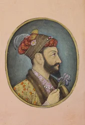 Aurangzeb Bahadur trzymający tęczówkę, ok. 1650 (nieprzezroczysta toaleta i złoto na papierze)