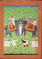 Bitwa dwóch słoni na dworze Szacha Alema Indian i perskie miniatury w „Historii Indii od Tamertante do Orangreyb” Niccolo Manucci (1638-1717). BN, Paryż.