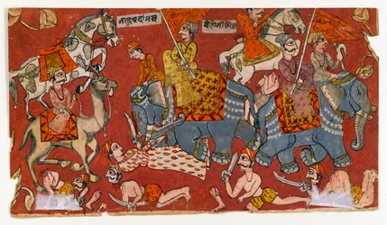 Scena bitwy z serii Bhagavata Purana, ok. 1625-50 (akwarela i złoto na papierze) (wersja 499329)
