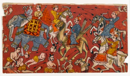 Scena bitwy z serii Bhagavata Purana, ok. 1625-50 (akwarela i złoto na papierze) (recto z 499330)