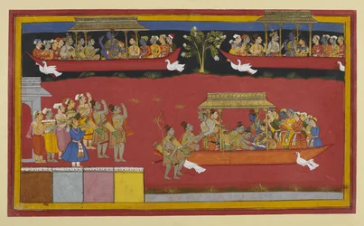 Bharata i Śatrughna witają Rāmę i Sītā, gdy Puṣpaka odchodzi