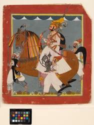 Konny Raja Bhim Singh z fajką wodną i służącymi, ok. 1820 (nieprzezroczyste w/c, złoto i srebro na papierze)