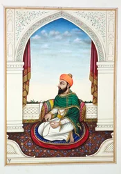 Fakir Syad Aziz-o-Deen, z Królestwo Pendżabu, jego władcy i wodzowie, tom I, tom 27 studiów akwarelowych niezidentyfikowanego indyjskiego artysty, ok. 1840 (wc na papierze)
