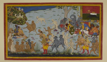 Hanumān i Vibhīṣaṇa przynoszą rannego Lakṣmaṇa do Rāmy, który go uzdrawia