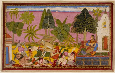 Hanumān atakuje demony, niszczy ogród rozkoszy i pokonuje siły Rāvaṇy, podczas gdy Sītā obserwuje. 1653