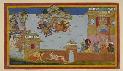 Hanumān odpiera demony; Rāma i Rāvaṇa przyglądają się temu.