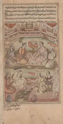 Hinduscy i muzułmańscy uczeni tłumaczą Mahabharatę z sanskrytu na perski, ilustracja z Razmnamy, 1598-99 (toaleta, atrament i złoto na papierze)
