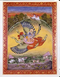 Hinduizm: przedstawienie ptaka Garudy niosącego Wisznu, wielkie bóstwo hinduistyczne, oraz jego żonę Lakhmi