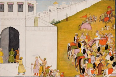 Ilustracja do Ramajany: Rama wchodzi do Mithili, aby wziąć udział w konkursie łuczniczym, ok. 1775-80