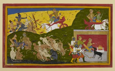 Indrajit walczy, podczas gdy Rāma opłakuje śmierć Sīty, pocieszany przez Lakṣmaṇa i Vibhīṣaṇa.