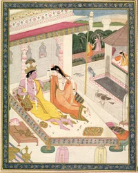 Kryszna i Radha na łóżku w pałacu Mogołów, Pendżab, ok. 1860 r.