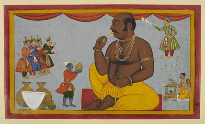 Kumbhakarṇa budzi się, by walczyć z Rāmą; ministrowie towarzyszą mu w rytuałach