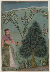 Pani na pustyni, fragment strony z serii Bhagavata Purana, ok. 1590-1600 (wc i złoto na papierze)
