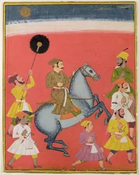 Maharana Raj Singh I z Mewar (reg. 1652-80) Jazda konna, Udaipur (Mewar) Radżastan, ok. 1670 (gwasz ze złotem na papierze)