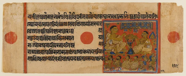 Mahavira nauczający w świątyni Ginashilaka, karta z rozproszonego dżinistycznego rękopisu Kalpasutry (wc i złoto na papierze)