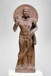 Maitreya, przyszły Budda, kultura Ramnagar, z Ahichatra, Uttar Pradesh, 200 AD (czerwony piaskowiec)