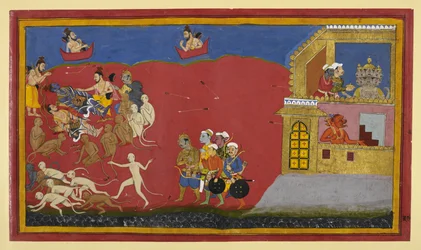 Małpy mylą Vibhīṣaṇa z Indrajitem; Nārada chwali Nārāyaṇa, gdy Rāvaṇa spożywa posiłek