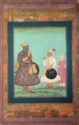 Murtaza Nizam Shah z czarnym wezyrem, być może Malikiem Ambarem, oraz młodszym mężczyzną, około 1680