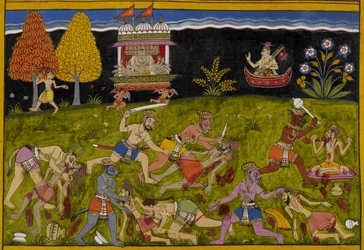 Nārada namawia Rāvaṇę, by rzucił wyzwanie Yamie zamiast śmiertelnikom, gdy demony pustoszą leśnych riszich.