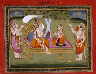 Lub. 13805 f.373 Król Rama na tronie, ilustracja z „Bhagavatapurana (Purana Błogosławionego Pana)” Kaluramy