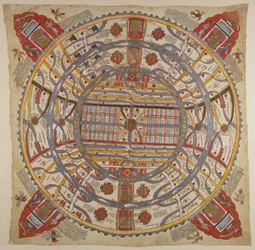 Lub 13937 f.1 Diagram Wszechświata, z tekstem w sanskrycie i gudżarati (akwarela na tkaninie)