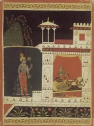 Paradhina Nayika, z „Rasavali of Puhakara” wpisany na odwrocie w Devanagari, Malwa, Radźput School