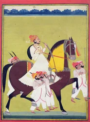 Portret Kumbhawat Kesari Singh z Asop, jadący na koniu, palący fajkę wodną w towarzystwie opiekunów, Jodhpur, ok. 1810-20