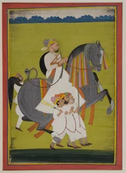 Portret Thakura Surtana Singha z Nimbaju, na koniu z towarzyszącymi mu pieszymi, 1820 (gwasz na papierze indyjskim)