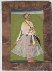 Portret wodza Rathorów Bhagwana Dasa, z klanu Mertia z Rian, Jodhpur, 1820 (gwasz na papierze indyjskim z obramowaniem z brązowego papieru)