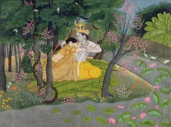 Radha i Krishna w gaju kwitnących drzew, ok. 1780 r. (wc na papierze)